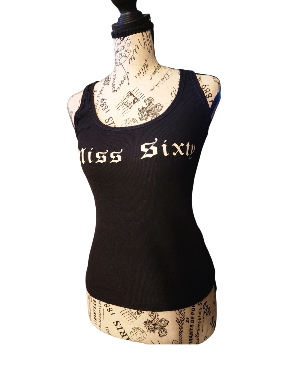 Miss Sixty Black Ribbed Gothic Logo Tank, X-Small - Picture 2 of 4